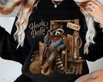 Funny Western Raccoon PNG, Howdy Darlin Shirt Design, Cute Cowgirl Animal Clipart, Halftone Rodeo Aesthetic Graphic, Country Vintage PNG
