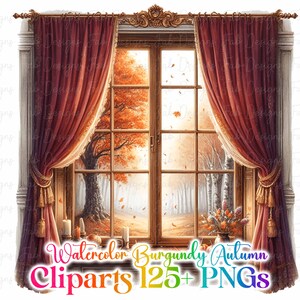 May include: Watercolor illustration of a window with burgundy curtains and a view of an autumn forest. The window is framed with ornate trim. The image includes the text "Watercolor Burgundy Autumn Cliparts 125+ PNGs".