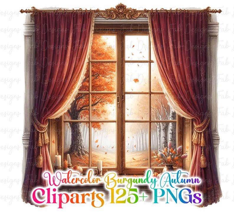 May include: Watercolor illustration of a window with burgundy curtains and a view of an autumn forest. The window is framed with ornate trim. The image includes the text "Watercolor Burgundy Autumn Cliparts 125+ PNGs".