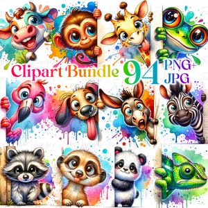 Paquete de 94 imágenes prediseñadas de animales lindos y divertidos que miran a escondidas en acuarela, paquete de animales divertidos, imágenes prediseñadas de animales lindos, imágenes prediseñadas de animales en acuarela, imágenes PNG para guardería