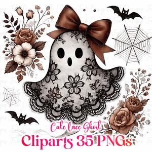 May include: A white ghost illustration with black lace details, a brown bow, and floral accents. The design includes bats, a spiderweb, and the text "Cute lace Ghost Cliparts 35 PNGs". The image has a Halloween theme.