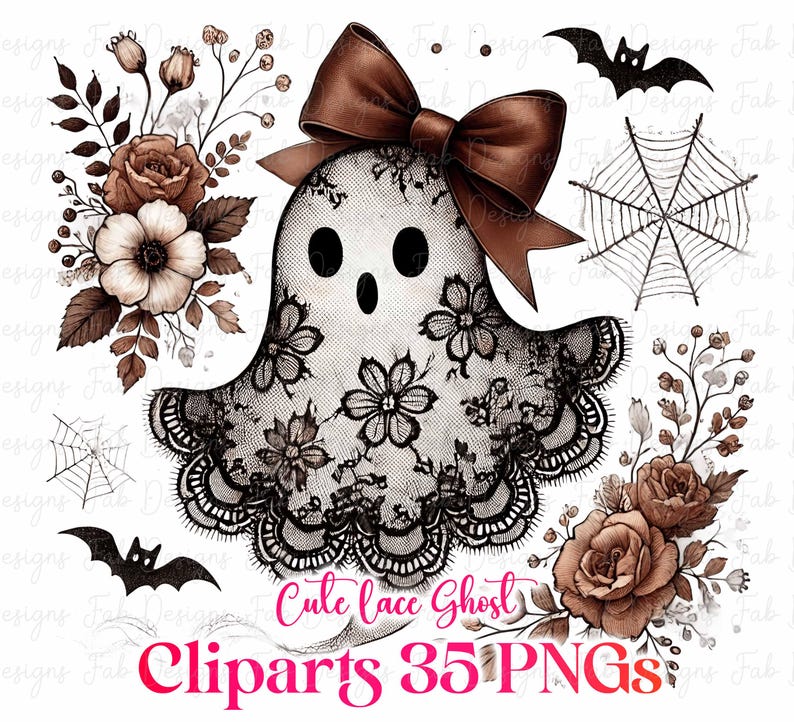 May include: A white ghost illustration with black lace details, a brown bow, and floral accents. The design includes bats, a spiderweb, and the text "Cute lace Ghost Cliparts 35 PNGs". The image has a Halloween theme.