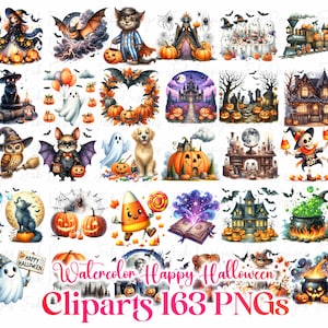 163 Cute Halloween Watercolor Clipart Bundle, Witch Clipart, Black Cat, Pumpkin Clipart, Kids Halloween PNG Halloween Decoration Ghost Mummy