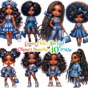 Denim Chibi Afro Girl Clipart Bundle: Fashion Graphics (Digital Download)