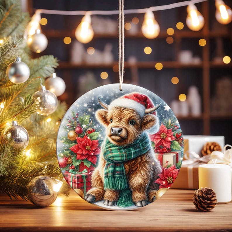 May include: Round Christmas ornament featuring a Highland cow wearing a Santa hat and green plaid scarf. The ornament has a festive design with a Christmas tree, poinsettias, and wrapped gifts. It is hanging from a string.