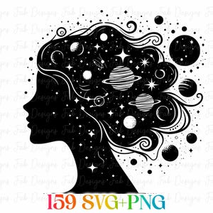 May include: Black and white silhouette of a woman's profile, with her hair filled with planets, stars, and celestial bodies. The image includes the text "159 SVG+PNG" in a rainbow gradient.