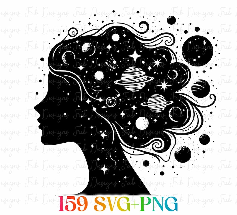 May include: Black and white silhouette of a woman's profile, with her hair filled with planets, stars, and celestial bodies. The image includes the text "159 SVG+PNG" in a rainbow gradient.