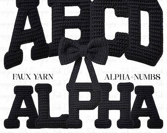 Black Crochet Alphabet PNG Set, Latch Hook Yarn Faux Style, Cozy Brown Knitted Letters, Handmade Tufted Letters A-Z & Numbers 0-9 Clipart