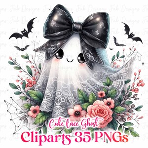 May include: A cute, cartoon ghost illustration with a black bow, wearing a white lace shroud. The ghost has large eyes and a smiling mouth. Pink flowers, green leaves, and bats surround the ghost. Text reads "Cute lace Ghost" and "Cliparts 35 PNGs".