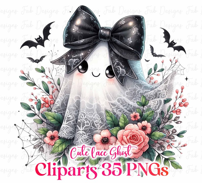 May include: A cute, cartoon ghost illustration with a black bow, wearing a white lace shroud. The ghost has large eyes and a smiling mouth. Pink flowers, green leaves, and bats surround the ghost. Text reads "Cute lace Ghost" and "Cliparts 35 PNGs".