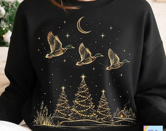 Christmas Mallard PNG for Dark Shirts, Three Flying Ducks over Glowing Gold Christmas Trees and Moon, Duck Hunting Christmas Sweatshirt