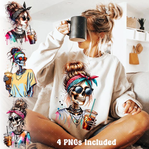 Trendy Skeleton Mom Iced Coffee PNG: Messy Bun Skull (Digital Download)