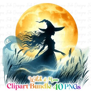 May include: A watercolor illustration of a witch silhouette walking through tall grass with a full moon in the background. The witch is wearing a long dress and a pointed hat. The moon is a bright yellow color. The grass is a blue-green color. The image is titled "Witch & Moon Clipart Bundle 40 PNGs".