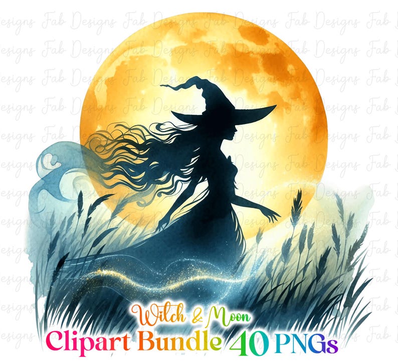 May include: A watercolor illustration of a witch silhouette walking through tall grass with a full moon in the background. The witch is wearing a long dress and a pointed hat. The moon is a bright yellow color. The grass is a blue-green color. The image is titled "Witch & Moon Clipart Bundle 40 PNGs".