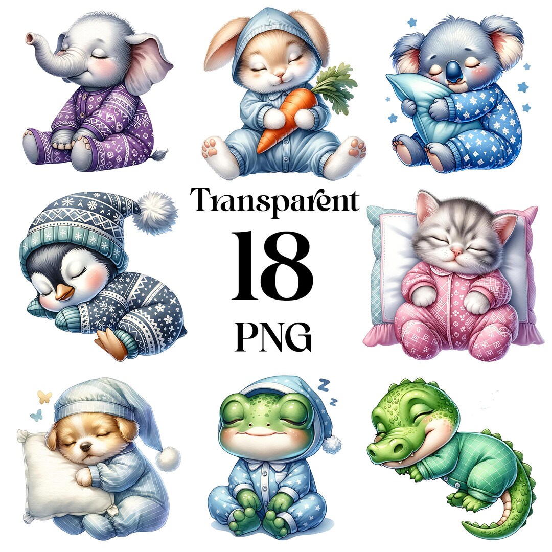 Watercolor Cute Sleepy Animal Clipart PNG Bundle, Woodland Animal ...