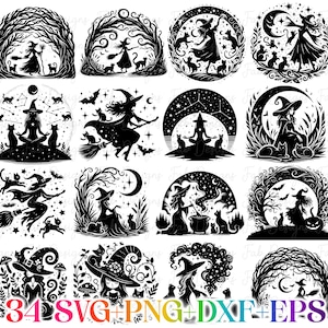 Peut inclure: Une collection de 16 motifs noirs et blancs sur le thème des sorcières. Chaque motif représente une sorcière, des chats et d'autres éléments d'Halloween. Les motifs sont de formes variées, dont des cercles et des arches.
