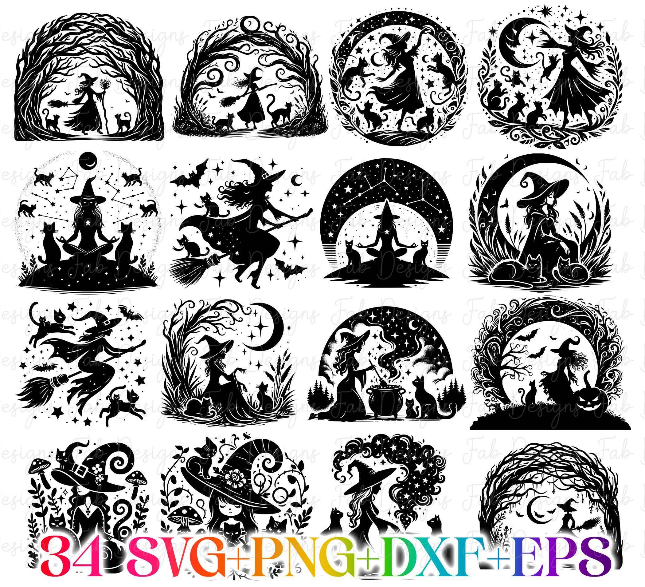 Witch Cat Celestial Boho SVG Bundle: Halloween Witch Cut Files (digital ...