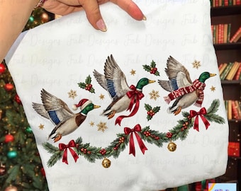 Coquette Christmas Mallard PNG, Three Flying Ducks with Santa Hat, Red Bow and Scarf, Holly Garland, Faux Embroidery Christmas Duck Shirt