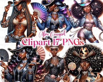 Puede incluir: Conjunto de clipart digital de cuatro vaqueras afro que llevan sombreros de vaquero y chaquetas vaqueras. Las vaqueras tienen diferentes peinados y accesorios. El texto "Afro Cowgirl Clipart 17 PNGs" está en la parte inferior de la imagen.