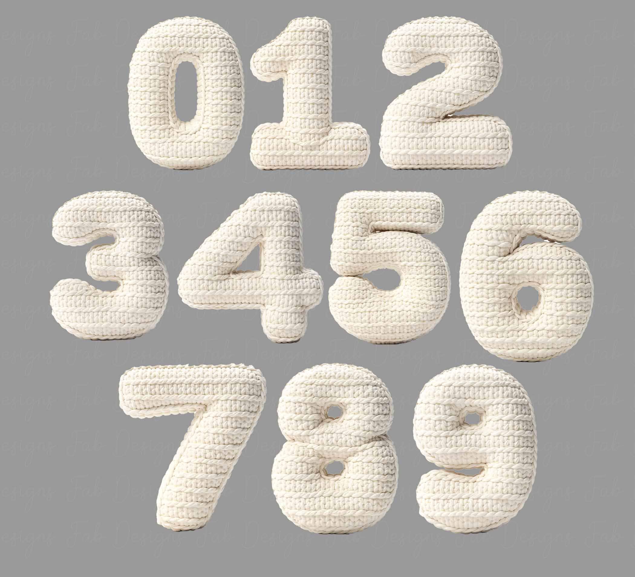 Chunky Script Numbers White Knitted Alphabet Clipart, Cozy Yarn Letters A-Z & Numbers 0-9 ...