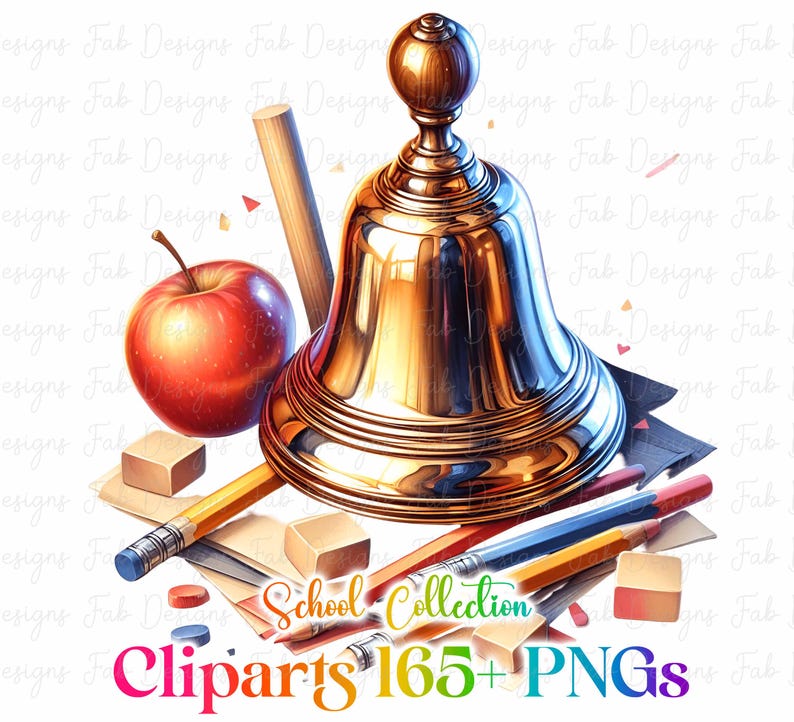 May include: A gold school bell, red apple, pencils, erasers, and a wooden stick are arranged on a white background. The image includes the text "School Collection Cliparts 165+ PNGs" in a rainbow gradient.