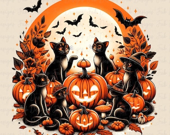 Schwarze Katze Kürbis Halloween PNG: Gothic Retro Herbst Design (Digitaler Download