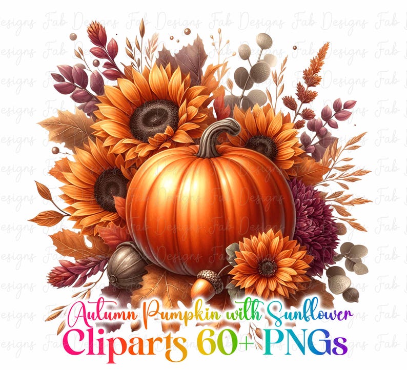 May include: A digital illustration of a vibrant orange pumpkin surrounded by sunflowers, fall foliage, and acorns. The text "Autumn Pumpkin with Sunflower Cliparts 60+ PNGs" is displayed in a colorful font, suggesting a fall-themed digital art collection.
