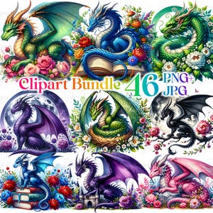 46 Fantasy Dragons PNG Bundle,Magical Fairytale Dragon,Watercolor Dragon Clipart,Nursery Print,Paper Crafts Junk Journal Scrapbooking PNGs