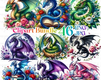 46 Fantasy Dragons PNG-bundel, magische sprookjesdraak, aquarel draak clipart, kinderkamer print, Paper Crafts Junk Journal scrapbooking png