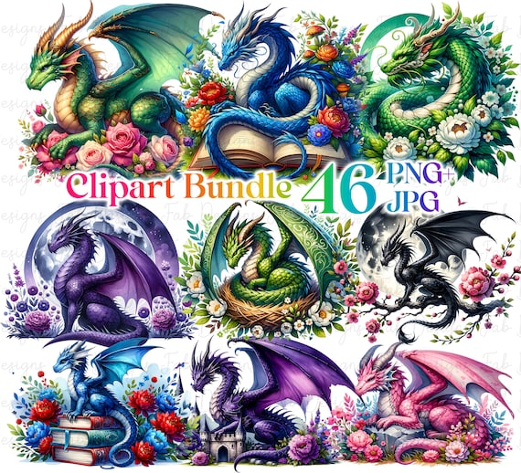 46 Fantasy Dragons PNG Bundle,Magical Fairytale Dragon,Watercolor Dragon Clipart,Nursery Print,Paper Crafts Junk Journal Scrapbooking PNGs