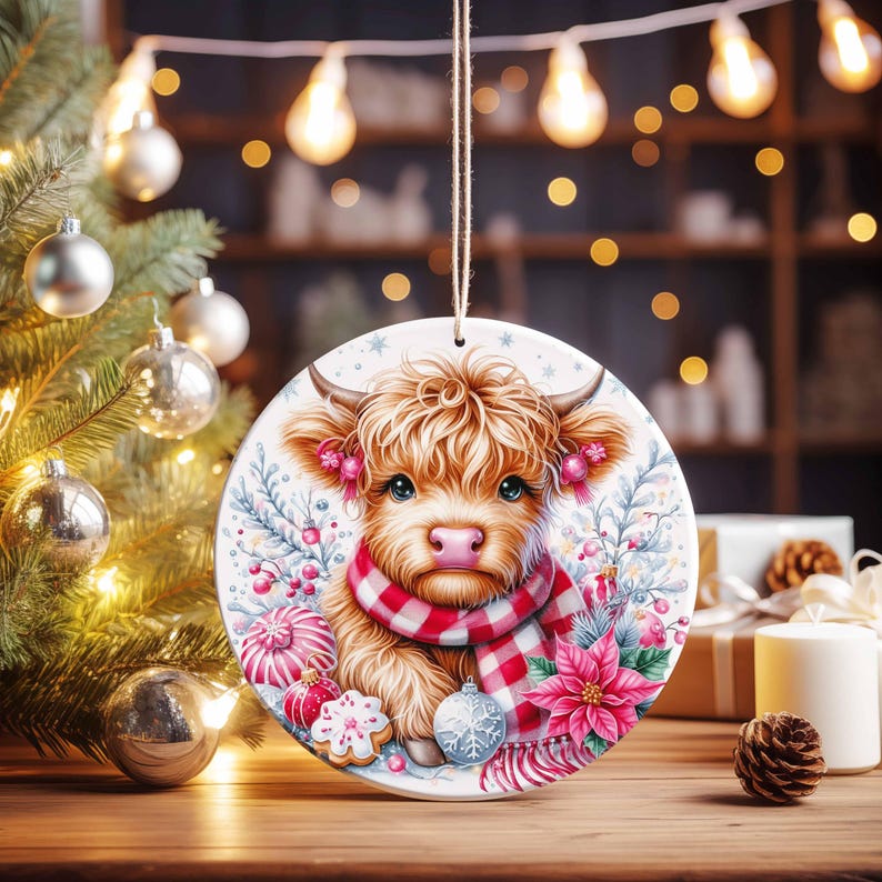 May include: A round Christmas ornament featuring a Highland cow with a red and white plaid scarf. The ornament has a string for hanging and is decorated with festive elements like poinsettias, ornaments, and a gingerbread cookie. The cow has light brown fur.