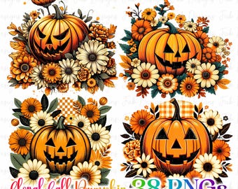 花柄秋カボチャPNG：感謝祭秋デザイン（デジタルダウンロード