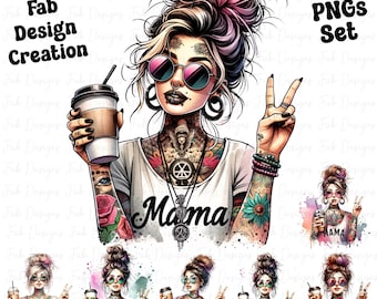 May include: A digital illustration of a woman with tattoos and a peace sign. She is wearing a white shirt with the word "Mama" on it. She is holding a cup of coffee and has a peace sign on her necklace. There are six other images of the woman in different poses, each with a different background.