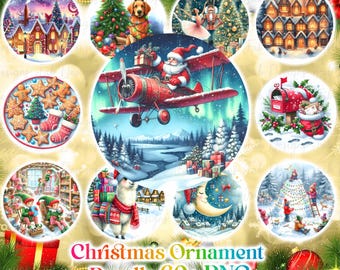 May include: A collection of Christmas-themed circular ornaments. The ornaments feature various festive scenes, including Santa in a red airplane, gingerbread cookies, a dog with antlers, and a winter village. The text "Christmas Ornament Bundle 60+ PNG" is displayed.