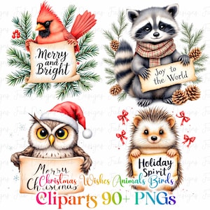90+ Christmas Animals Cliprt, Transparent PNG, Watercolor Winter, Cute Animals, Commercial Use, Printable,Digital Download