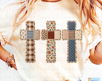 Rustic Patchwork Cross Trio PNG, Fall Christian Faux Patchwork Design, Leopard Gingham Cross Shirt, Faith Sublimation DTF PNG