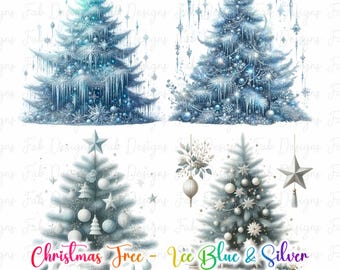 以下が含まれることがあります： 青と銀色のデジタルイラストで描かれた4本のクリスマスツリー。オーナメント、星、つららで飾られています。下部のテキストは「Christmas Tree - Ice Blue & Silver Cliparts 24 PNGs」と書かれています。
