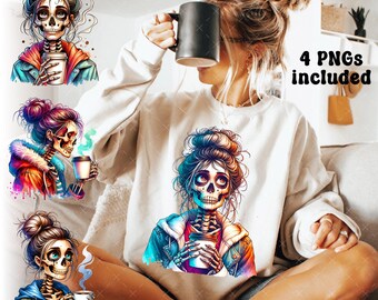 Tendance femme squelette PNG, amateurs de café glacé, squelette maman PNG, squelette femme design tendance maman crâne café, football maman squelette PNG