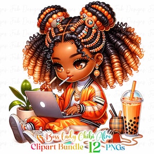 Chibi Boss Lady Afro Clipart Bundle: Fashion Girl Graphics (Digital Download)
