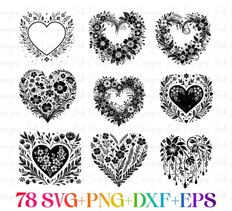 Floral Heart SVG Design: 78 Flower Wreath Cut Files (digital Download ...