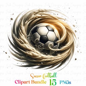 May include: A soccer ball is surrounded by a swirling cloud of brown dust. The ball is black and white with a textured surface. The dust is swirling around the ball in a circular motion. The background is white.