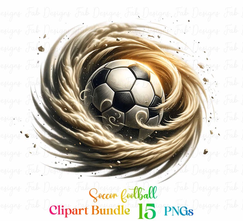 May include: A soccer ball is surrounded by a swirling cloud of brown dust. The ball is black and white with a textured surface. The dust is swirling around the ball in a circular motion. The background is white.