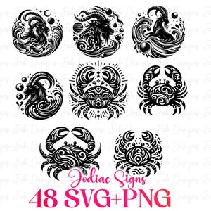 Op de afbeelding: Zwart-wit illustraties van dierenriemtekens, waaronder geiten en krabben, in cirkelvormige ontwerpen. De afbeelding toont de tekst "Zodiac Signs" en "48 SVG+PNG" in roze en rood.