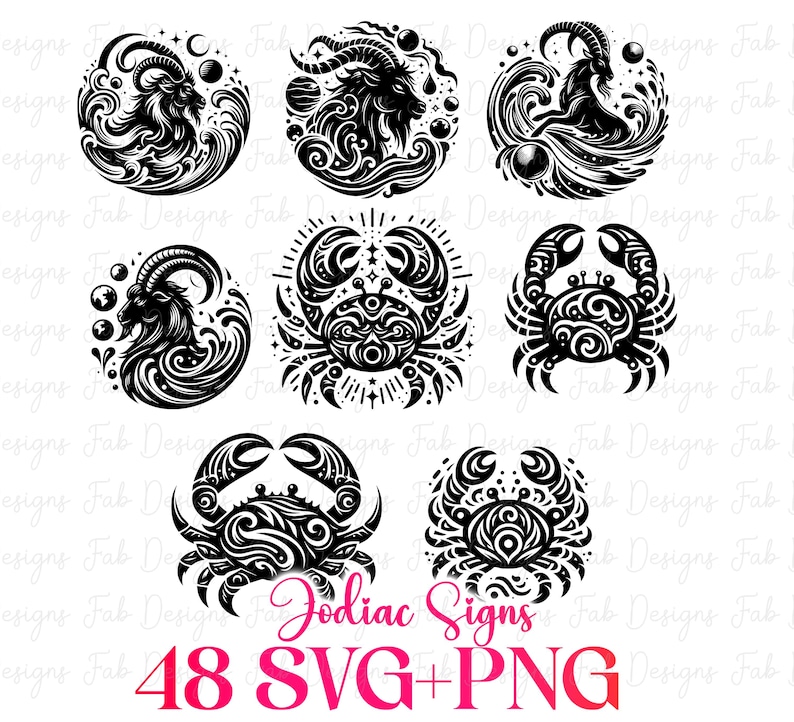 Op de afbeelding: Zwart-wit illustraties van dierenriemtekens, waaronder geiten en krabben, in cirkelvormige ontwerpen. De afbeelding toont de tekst "Zodiac Signs" en "48 SVG+PNG" in roze en rood.