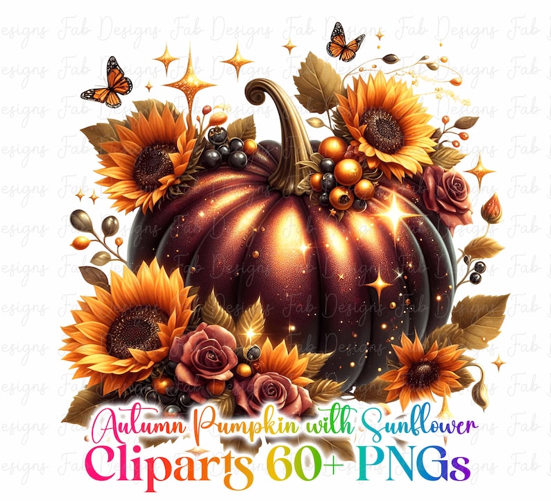 May include: A digital illustration of a dark brown pumpkin decorated with sunflowers, roses, and butterflies. The pumpkin has a shiny, textured surface and is surrounded by fall foliage. Text at the bottom reads "Autumn Pumpkin with Sunflower Cliparts 60+ PNGs."