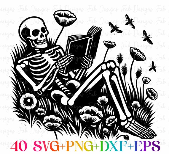 Reading Skeleton Art: Gothic Floral Design (SVG PNG JPG Digital Download