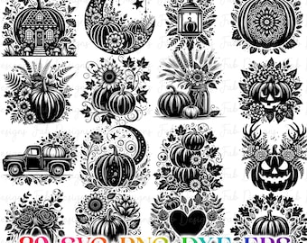 Paquete de 39 SVG de calabaza de Halloween, SVG de Halloween, Acción de Gracias, Otoño, PNG, Archivos SVG para Cricut, Silhouette, Descargas de diseños de sublimación