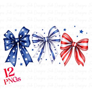 May include: Three watercolor painted bows in red, white, and blue with white stars. The bows are arranged in a row, with the blue bow on the left, the white bow in the middle, and the red bow on the right.