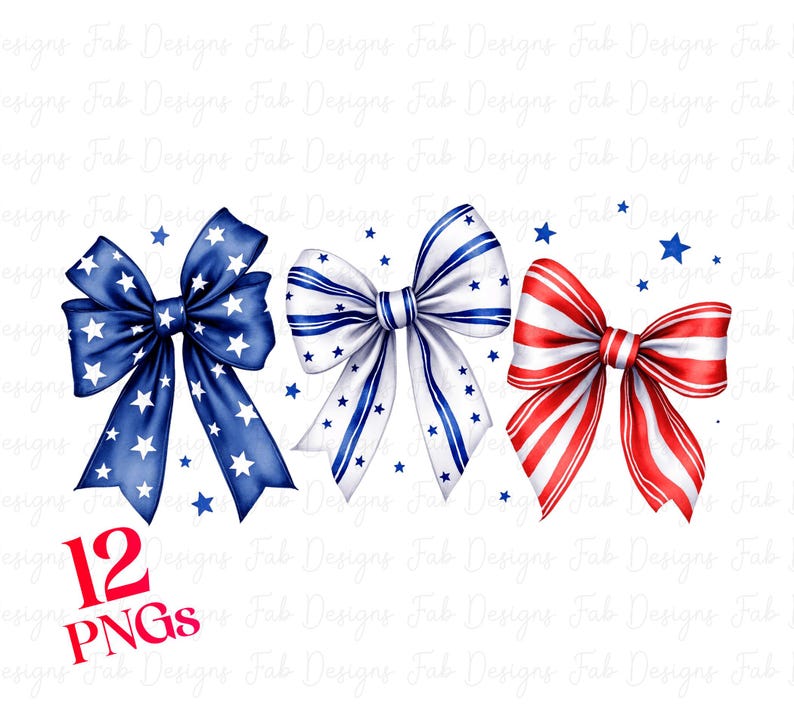May include: Three watercolor painted bows in red, white, and blue with white stars. The bows are arranged in a row, with the blue bow on the left, the white bow in the middle, and the red bow on the right.
