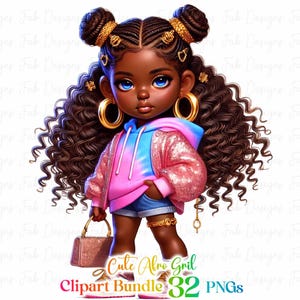 May include: A digital illustration of a young Black girl with long curly brown hair, wearing a pink and blue hoodie, denim shorts, and gold jewelry. She is holding a gold purse and has a gold chain around her wrist. The image is set against a white background.